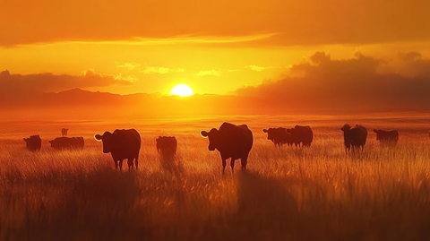 草原牧牛夕阳下