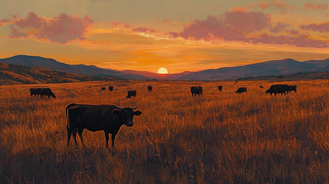 草原牛群夕照图