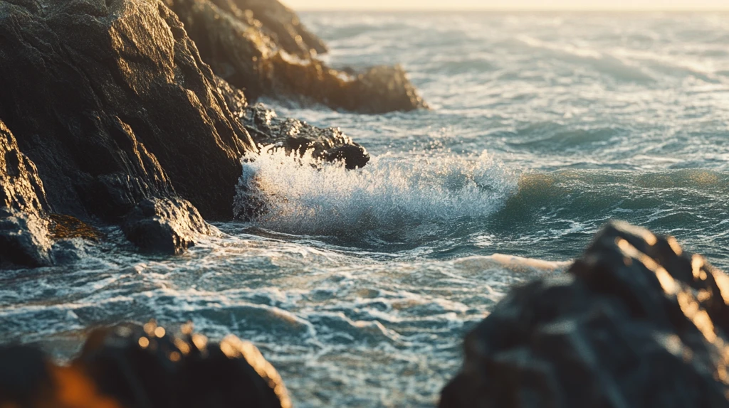 海边拍打岩石的浪花