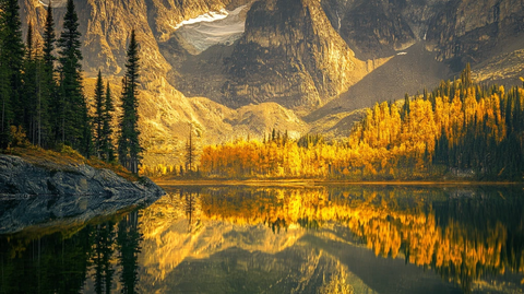 高山湖泊森林雪山黄叶