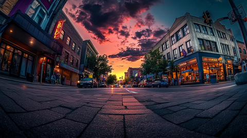 霞光下的城镇街道