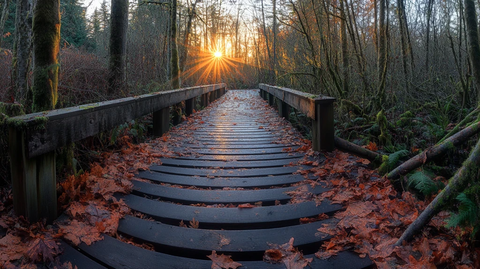 阳光洒在小桥上