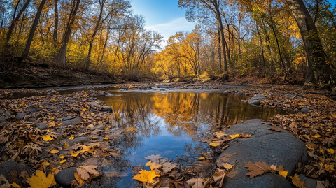 落叶溪水倒影