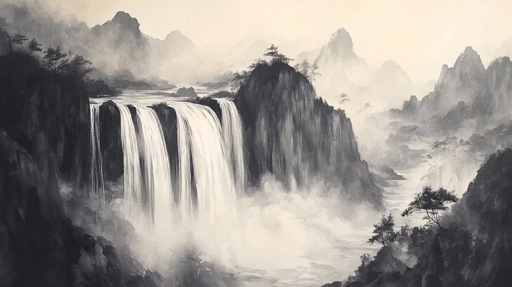 意境水墨山水瀑布
