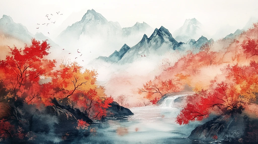 红叶古风山水画