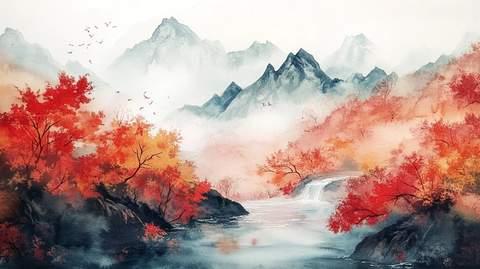 红叶古风山水画