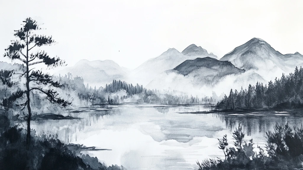 湖景水墨画
