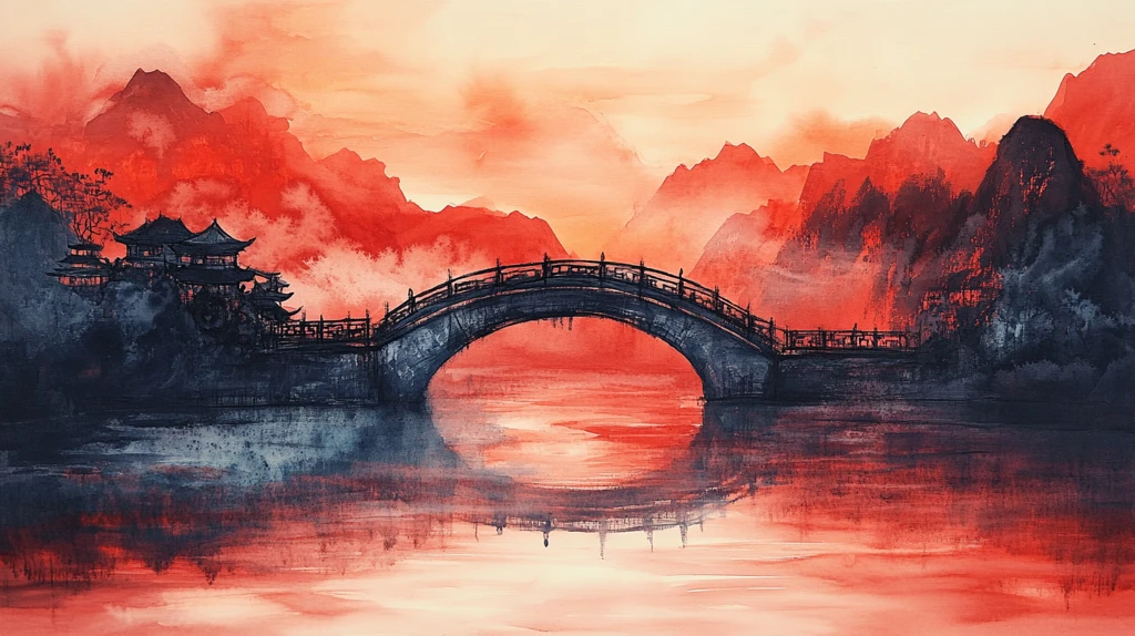 插画横店水彩水墨山水