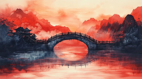 插画横店水彩水墨山水