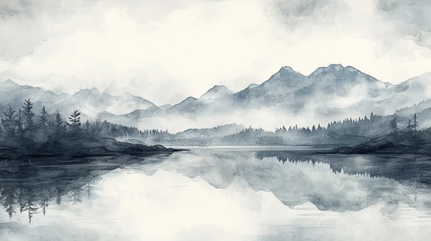 山水风光禅意水彩画