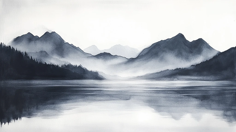 山水风光禅意水彩画