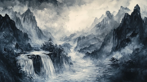 山水风景油画瀑布