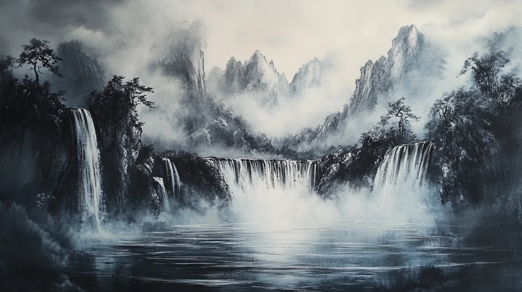 山水风景油画瀑布