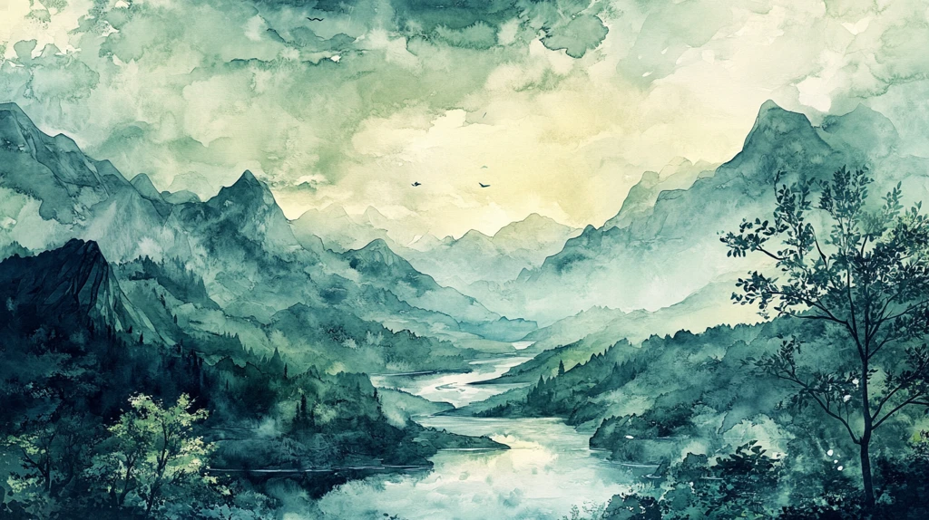 山水风光禅意水彩画