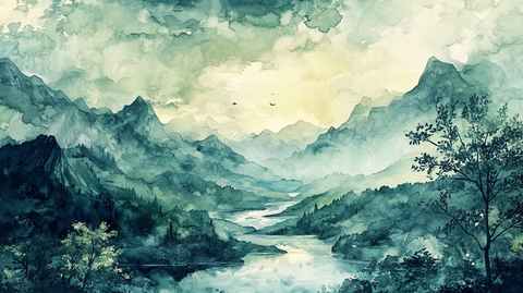 山水风光禅意水彩画