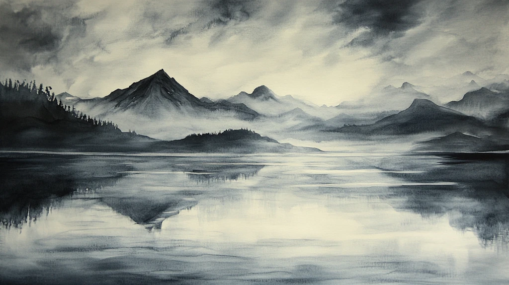 油画远山群山倒影云雾