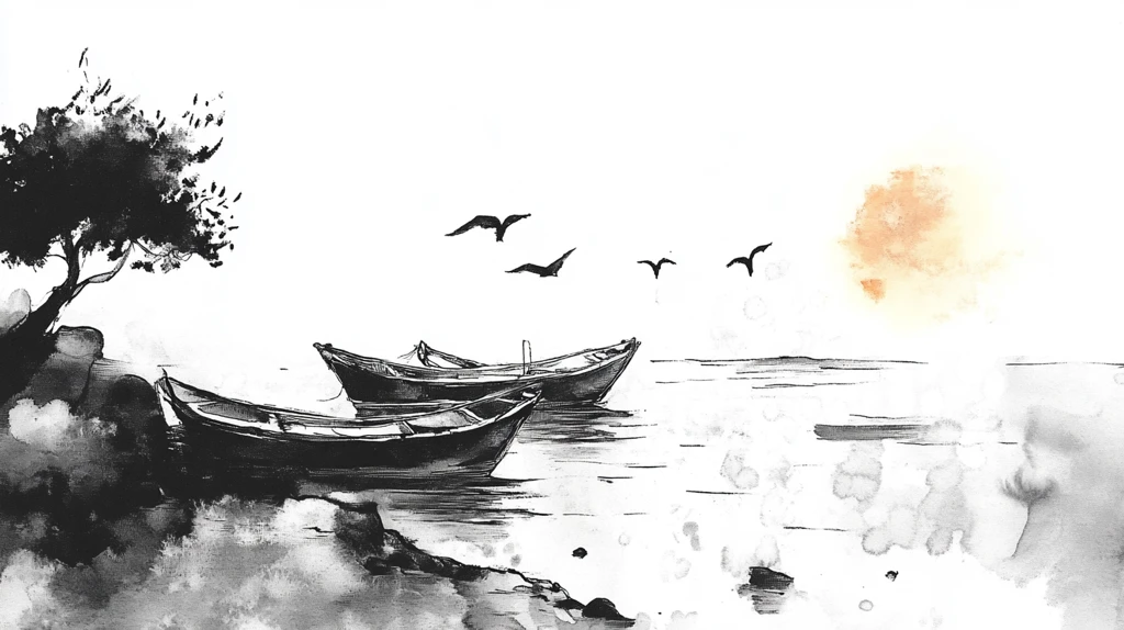 水墨船墨痕飞鸟