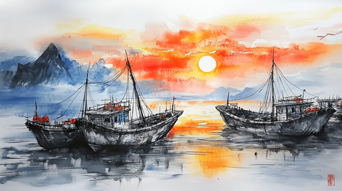 水墨风景画渔船