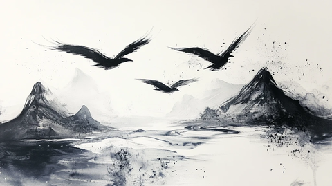 飞鸟水墨山水