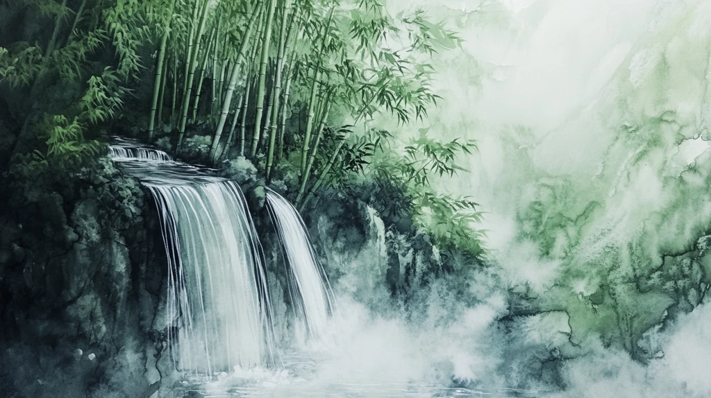 春天竹林瀑布晨曦唯美