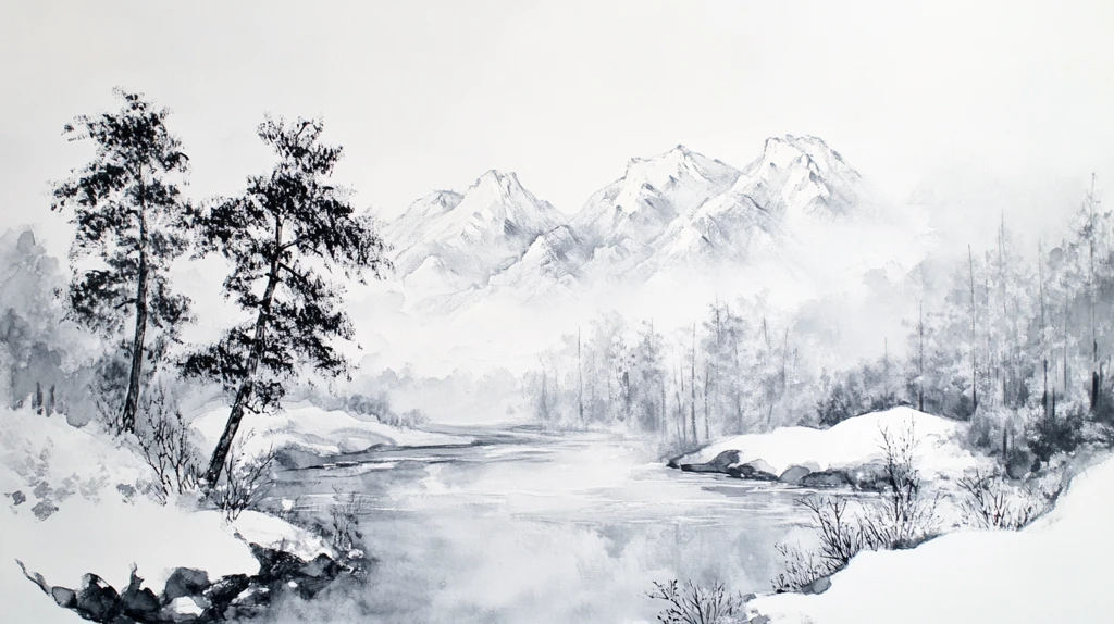 雪山水粉画