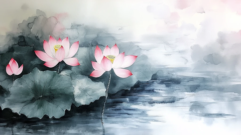 意境风景画水彩荷花