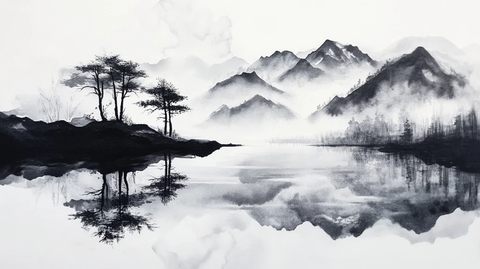 水墨山水倒影禅境