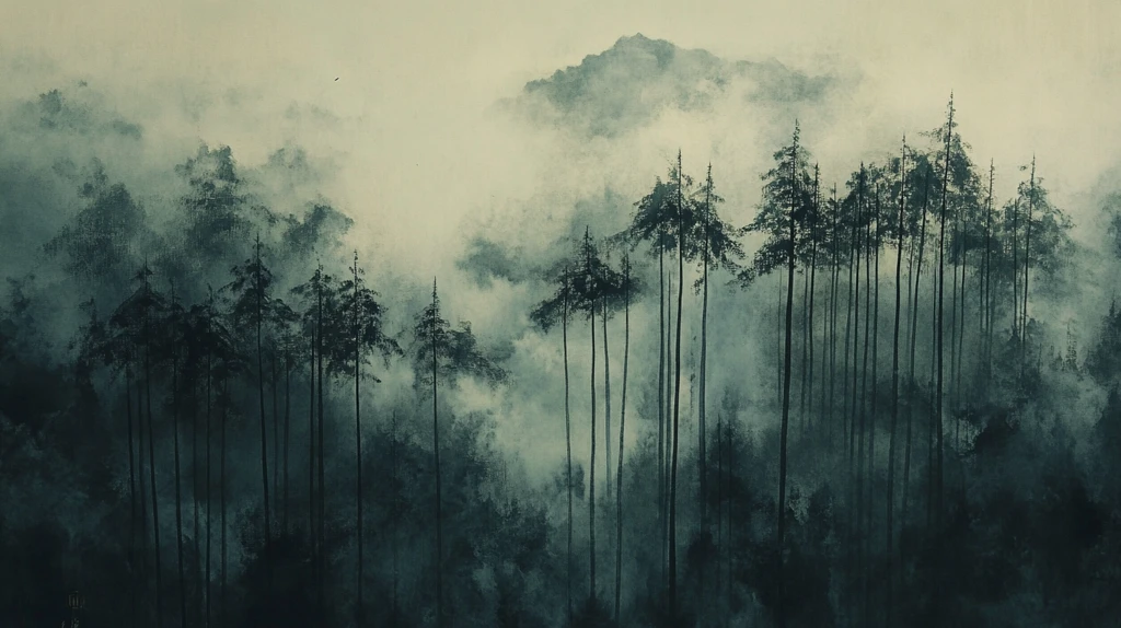 水墨丹青晨雾松林