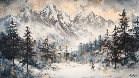 雪山水粉画