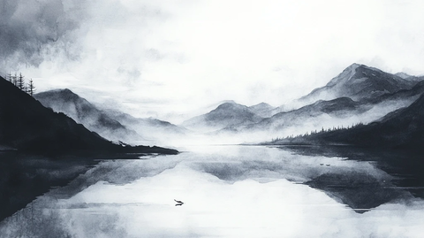 山水风光禅意水彩画