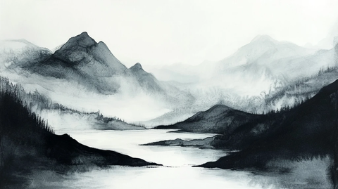 山水风光禅意水彩画