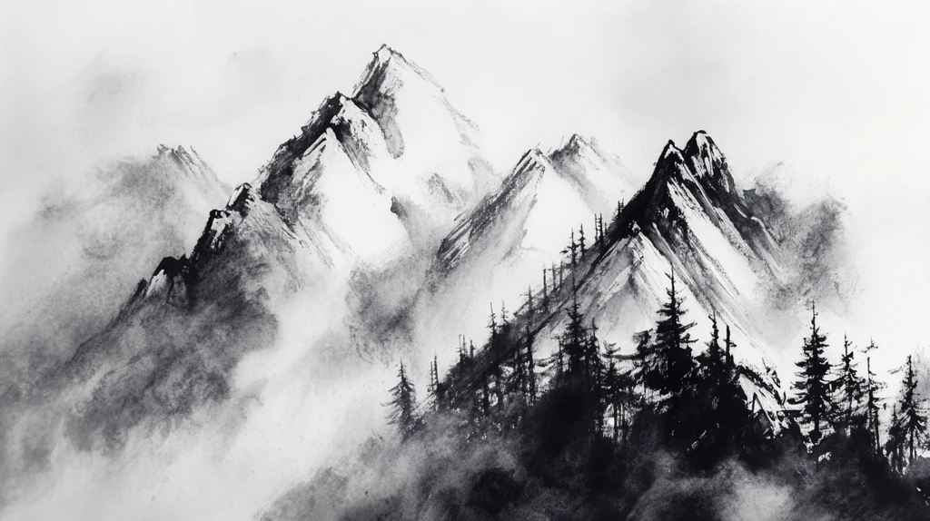 云雾雪山风光水墨画