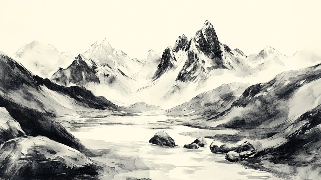 雪山湖泊水墨画