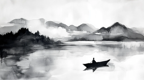 山水风光禅意水彩画