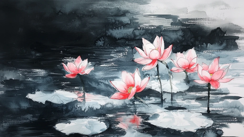 意境风景画水彩荷花