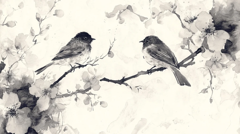 水彩梅花小鸟