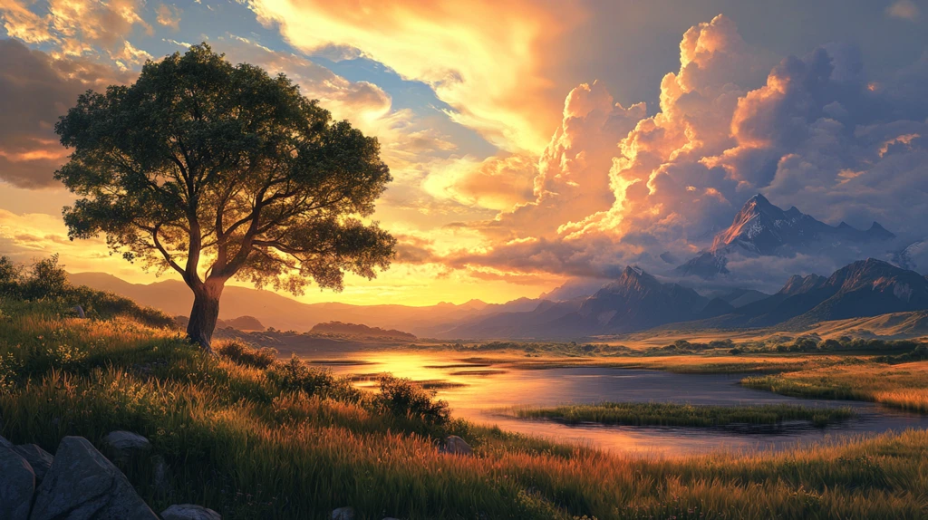 草原日落山水景