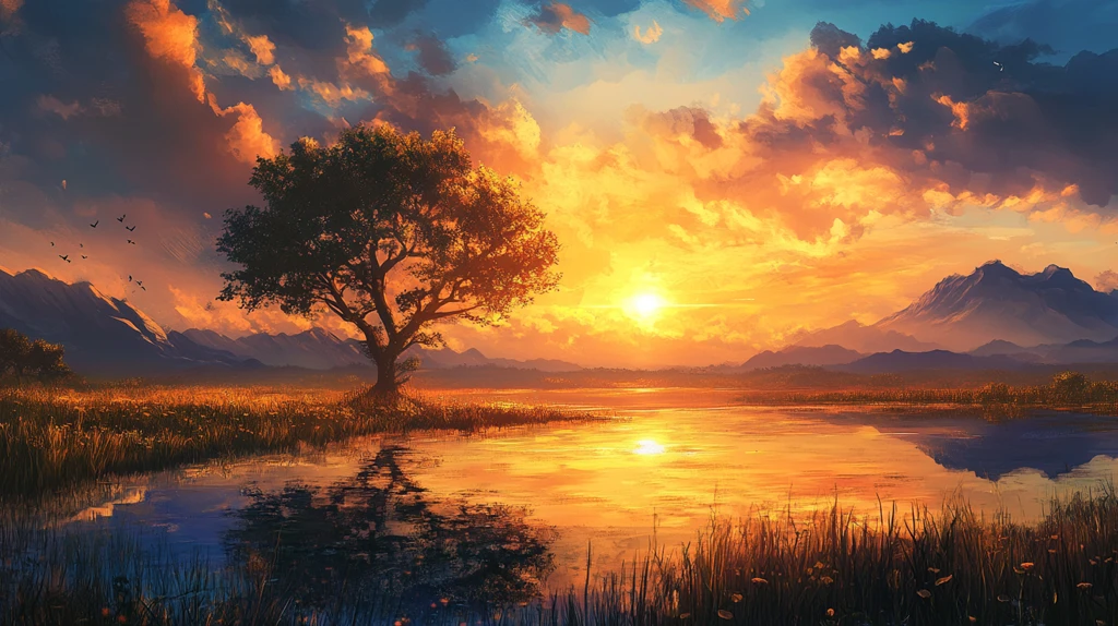 草原日落山水画