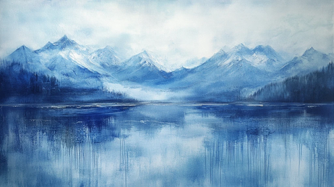 油画远山群山倒影云雾