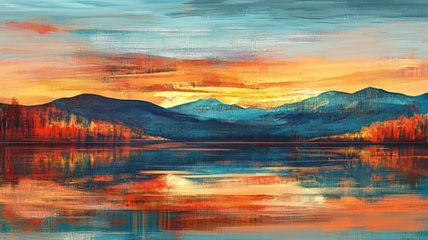 油画远山群山倒影云雾