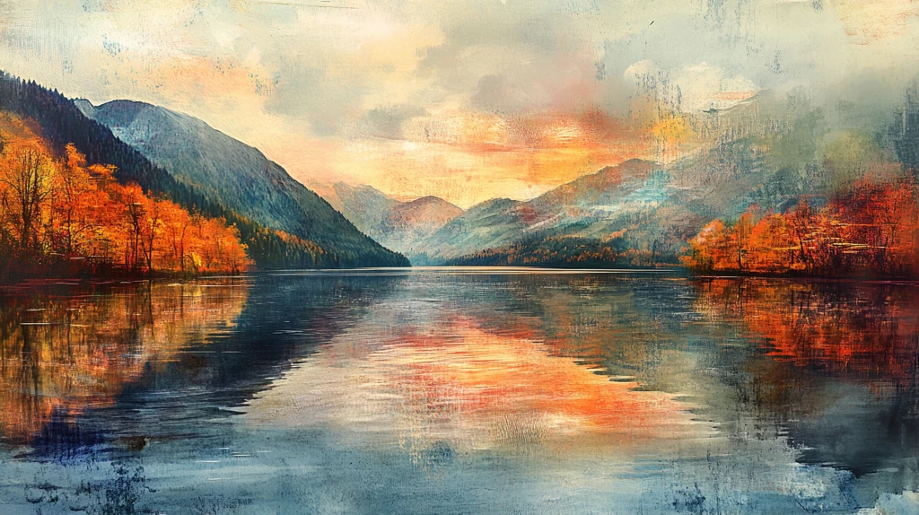 油画远山群山倒影云雾