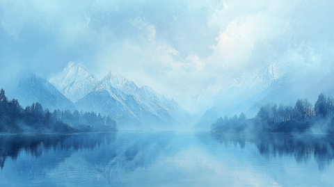 蓝天水面远山雾