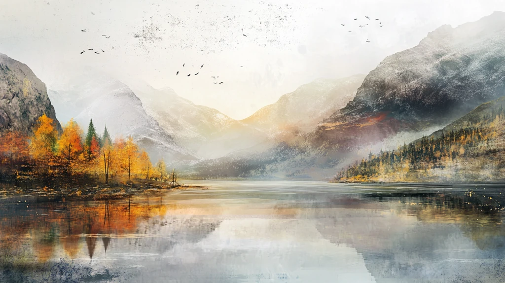 手绘唯美山水倒影