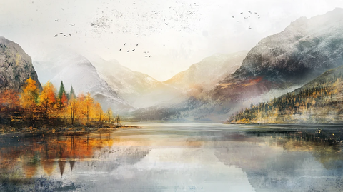 手绘唯美山水倒影