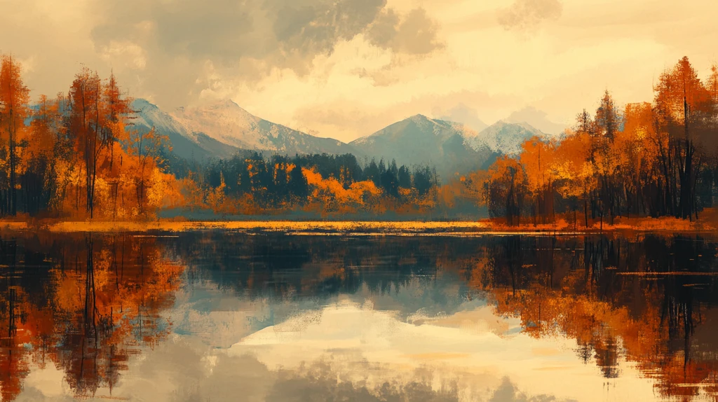 森林雪山高山湖泊黄叶