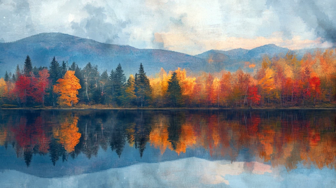 油画秋天的湖泊