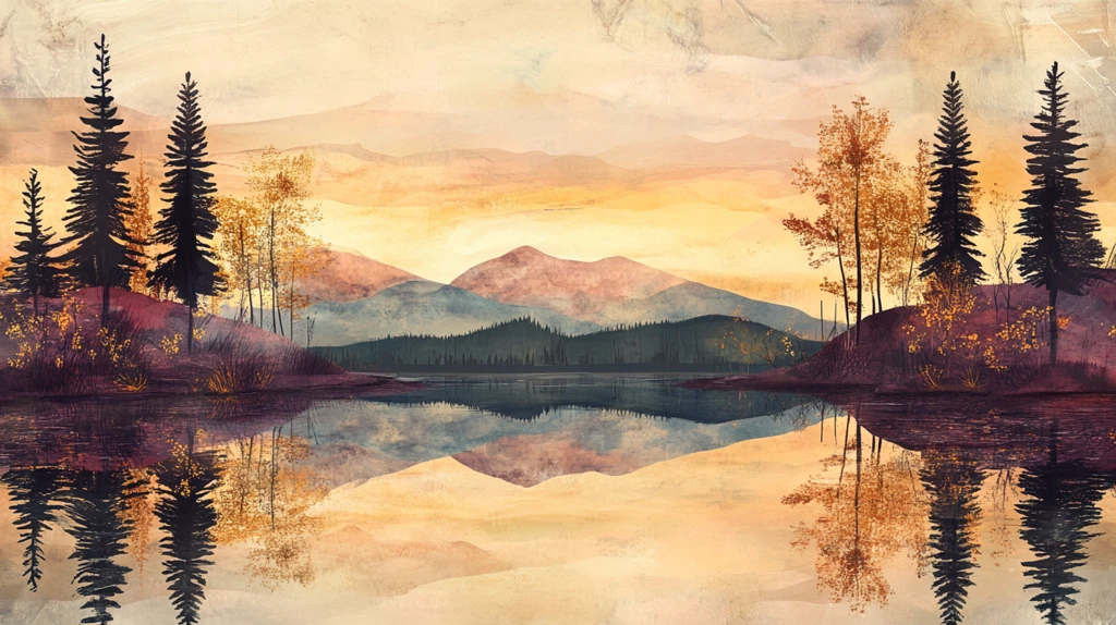 手绘唯美山水倒影