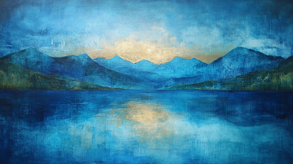 油画远山群山倒影云雾