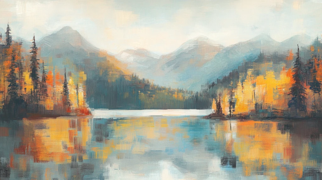 油画秋天的湖泊