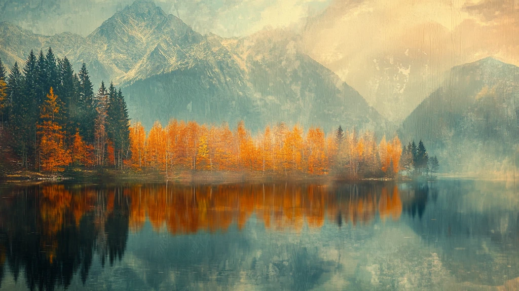 黄叶森林雪山高山湖泊